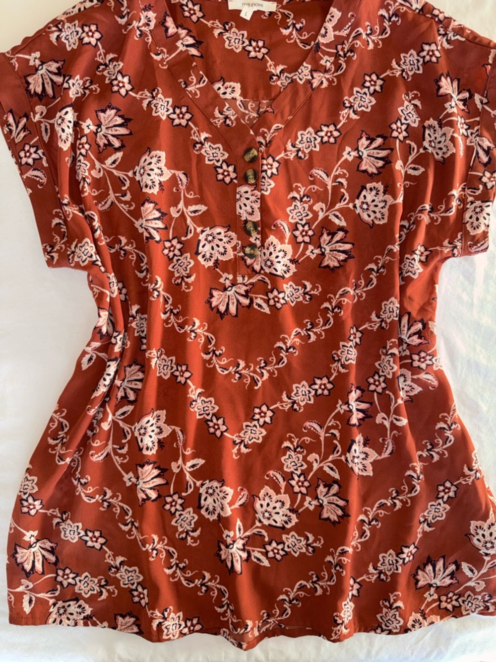 Maurices Rust Floral Roll Sleeve V-Neck 1/4 Button Blouse L